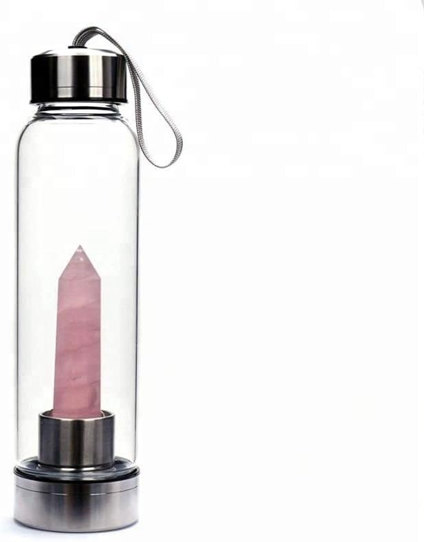 Natural Crystal Water Bottle Rose Quartz Pink Crystal Reusable Gem Glass Water Bottle Healing Wand Point Crystal Obelisk Water Bottle Elixir for Making Crystal Infused Water