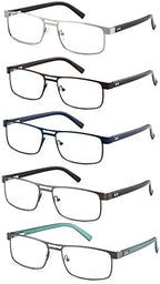 Metal Reading Glasses For Men, Blue Light Blocking Computer Readers Full Rim Rectangle Eyeglasses Spring Hinge, 5 Pack: Black/Brown/Blue/Green/Silver, +2.00