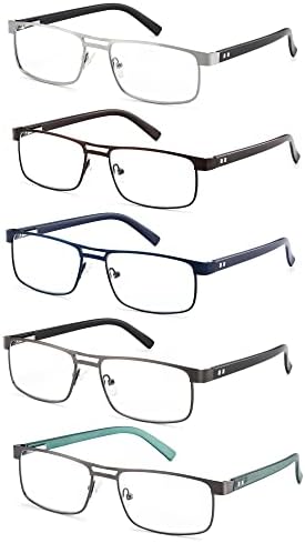 Metal Reading Glasses For Men, Blue Light Blocking Computer Readers Full Rim Rectangle Eyeglasses Spring Hinge, 5 Pack: Black/Brown/Blue/Green/Silver, +2.00