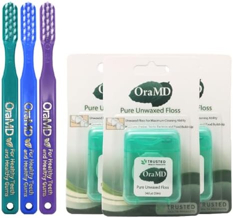 OraMD Bass Toothbrush Pure Unwaxed Dental Floss Packs (3 Pieces Each)