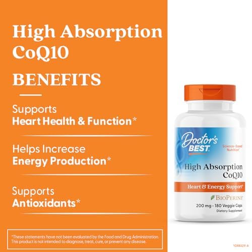 Doctor's Best High Absorption CoQ10 200mg with BioPerine Supplement - Coenzyme Q10 Caps for Heart Health & Antioxidant Support, CoQ10 200 mg for Women & Men, Non GMO - 180 Veg Capsules