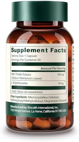 Clinically Studied L-Ergothioneine + Milk Thistle Supplement – Advanced Cellular and Liver Health Support – 30mg 99.99% Ultra-Pure Ergothioneine – Vegan, Non-GMO, 90 Count