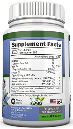 NutriONN Borage Oil - 1000 mg - 180 Softgels - Cold Pressed High GLA Borage Seed Oil - Hexane and PA Free - Great for Skin, Hair and Bones.