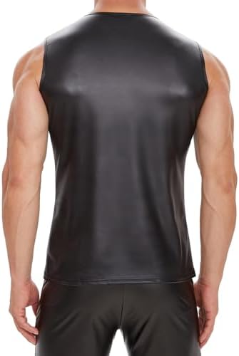 Men Sexy Leather Tank Top, Adjustable, Male Shiny Soft Matte Vest, Black