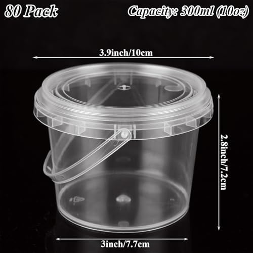 ZOFORTY 80PCS 10 oz Clear Buckets with Lid, Plastic Ice Cream Buckets with Lids and Handles, Drink Rum Buckets for Parties, Plastic 300ml Food Storage Container for Snacks Deli Fruits