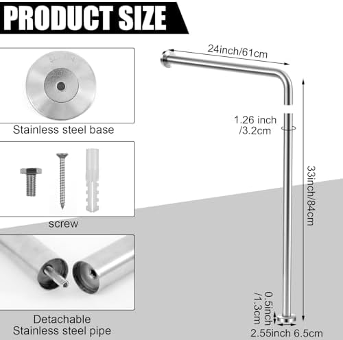 Zonon 1 Pack Wall to Floor Safety Grab Bar Stainless Steel Shower Grab Bars for Bathroom Wet Areas Disabled Elderly Pregnant Women (L Style)