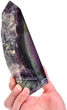 AMOYSTONE Natural Fluorite Crystal Stone Wand Obelisk Large Tower Slab Pointed Wand Block Green-Purple, Irregular Texture 1.7-2 LBS, Home Décor