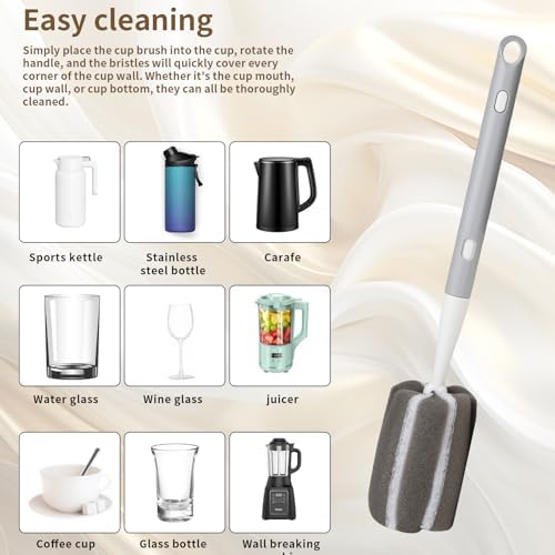 Sponge Bottle Brush Adjustable Long Handle Up to 14.5”High-Density Foam Bottle Brush & Scrubber Head Hanging Design with 4 Traceless Hooks – Bottle Cleaner for Glasses & More (2 Pack)