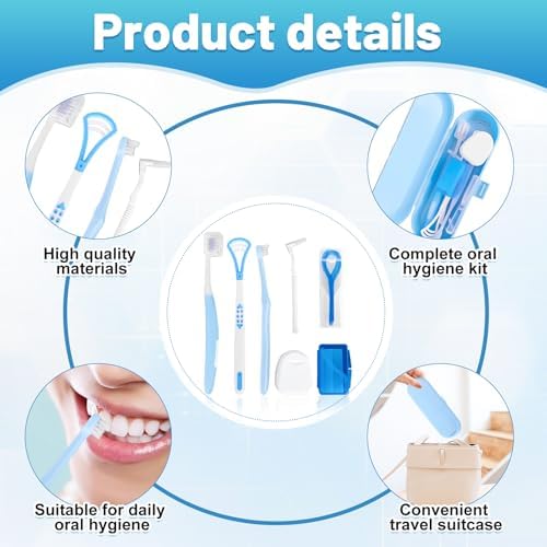 7-in-1 Travel Oral Care Kit with Case – Toothbrush, Tongue Scraper, Wisdom Toothbrush, Dental Floss, Floss Threaders, Interdental Brush, Dental Wax, Portable Hygiene Set for Daily Use Travel (Blue)