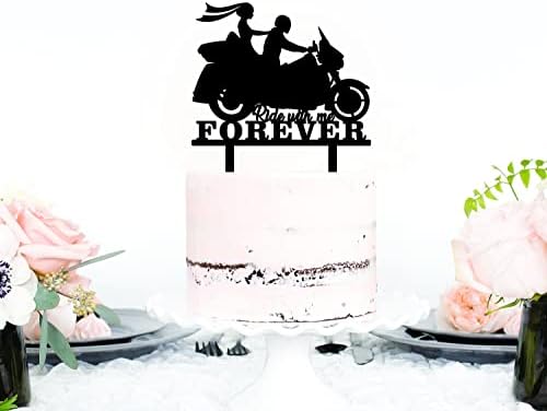 Ride with Me Forever Motorcycle Wedding Cake Topper, Funny Bride and Groom with Motorbike Cake Topper for Wedding Engagement Bridal Shower Party Decoration
