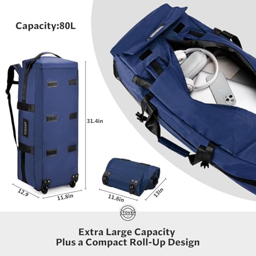 STOVER 45/80/100L Rolling Duffel Bag with Wheels, Large Durable Travel Duffle + Toiletry Bag, Heavy Duty, Packable, Foldable with Shoulder Straps- Use as Luggage or Backpack, Men/Women (Navy Blue)