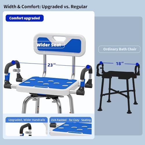 Swive Shower Chair with Arms and Back Heavy Duty 500 lbs for Seniors Elderly Disabled or Bariatric Adults Bench Seat for Inside Shower Stall and Bathroom Bath Tub Seats Adjustable Stool
