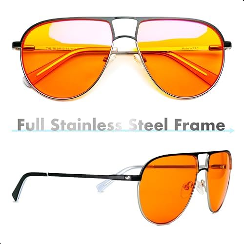 Orange Aviator Blue Light Blocking Glasses for Better Sleep - 97% Premium Metal Classic Aviators Computer Migraine Glasses for Women & Men - Amber Gaming Glasses - Blue Light Blocker Anti Eye Strain