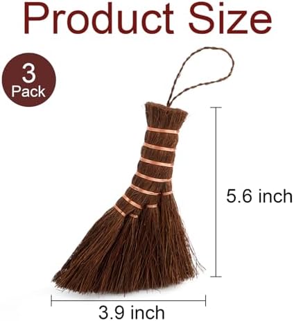Fasmov 3 Pack Bonsai Broom Brush, Natural Straw Broom with Embroidery Nylon Thread Handle with Hanger, Whisk Broom Hand Brush Car Broom for Cleaning Dustpan Desktop