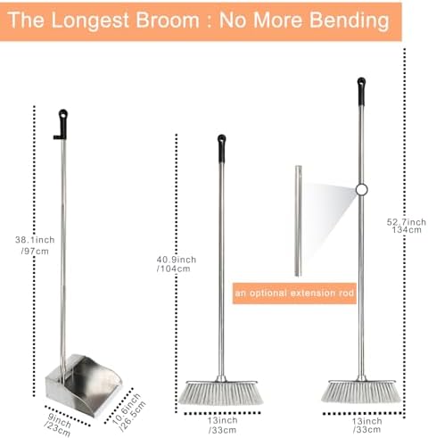 Broom and Dustpan Set,Soft Bristles Indoor Kitchen Broom with Stainless Steel Dustpan ，Metal Dust Pan，Silvery White, Suitable for Ceramic Tiles, Solid Wood, Composite Flooring