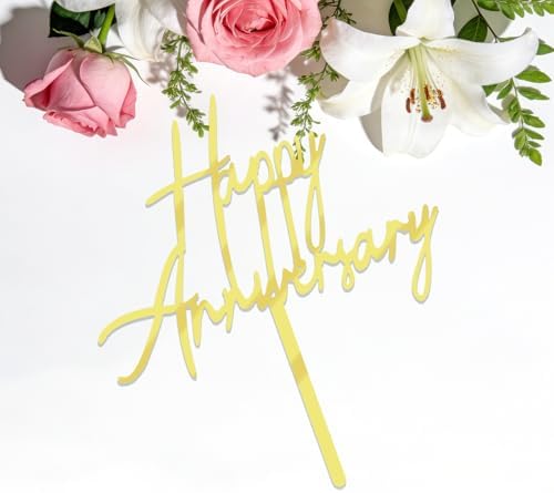 Acrylic Wedding Anniversary Cake Topper Supplies Happy- Anniversary Cake Topper Decorations 10th 30th 50th Anniversary Birthday Party Cake Decorations (Gold-1)
