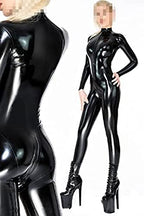 Sexy Black Women Latex Fetish Catsuit Rubber Bodysuits Open Front Crotch Zipper, Black,Purple,s