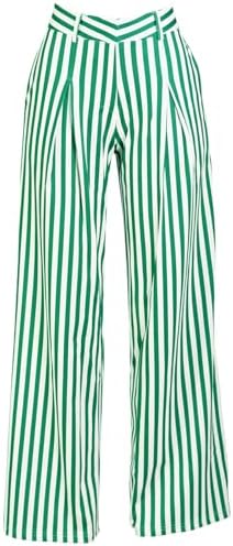 MESLIMA Women's Casual High Waist Trousers Fashion Striped Print Summer Loose Wide Leg Pants with Pockets
