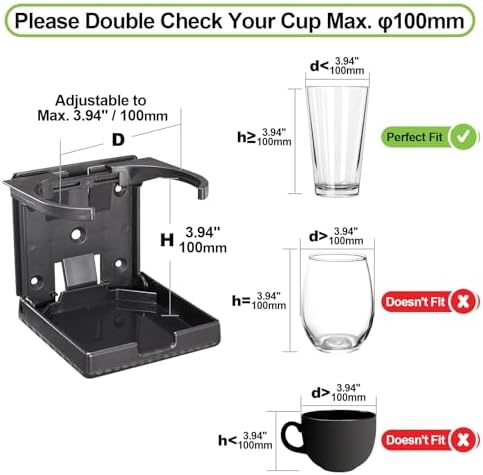 Spurtar 2pcs Boat Cup Holder Suitable for Most Size Mugs Water Bottle Drink 2.36-3.94Inch/60-100MM Adjustable Folding Wall Car Desk Cup Holder for Trucks, RVs, Vans, Boats, Campers, Caravans