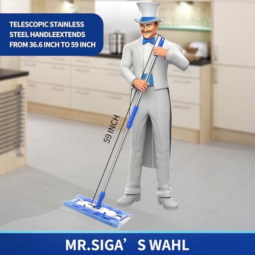 MR.SIGA Professional Microfiber Mop for Hardwood, Laminate, Tile Floor Cleaning, Stainless Steel Telescopic Handle - 3 Reusable Flat Mop Refills and 1 Dirt Removal Scrubber Included