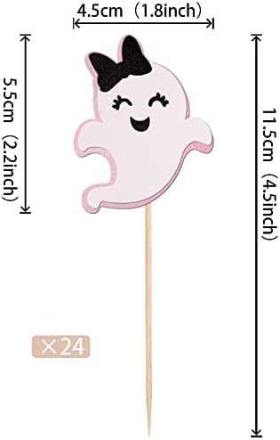 24 PCS Ghost Cupcake Toppers Pink and Black Glitter Bow Spooky Halloween Cupcake Picks for Halloween Ghost Theme Baby Shower Kids Birthday Party Cake Decorations Supplies