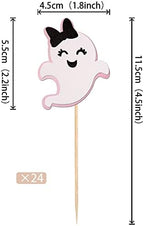 24 PCS Ghost Cupcake Toppers Pink and Black Glitter Bow Spooky Halloween Cupcake Picks for Halloween Ghost Theme Baby Shower Kids Birthday Party Cake Decorations Supplies