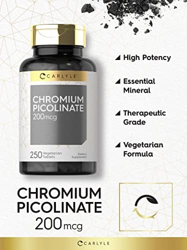 Carlyle Chromium Picolinate 200mcg | 250 Vegetarian Tablets | High Absorption | Non-GMO, Gluten Free Supplement