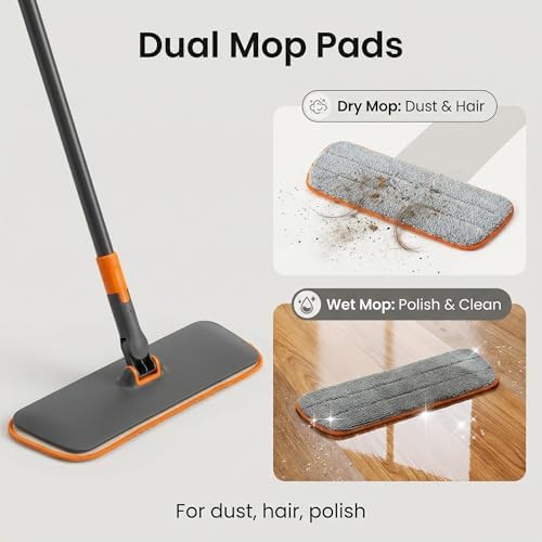 CLEANHOME 2-in-1 Wet Dry Flat Microfiber Mop for Hardwood Floors-Reusable Washable Pads, Telescoping Long Handle Floor Cleaner for Tile Laminate, Pet Hair Removal, Car Detailing & Window Cleaning