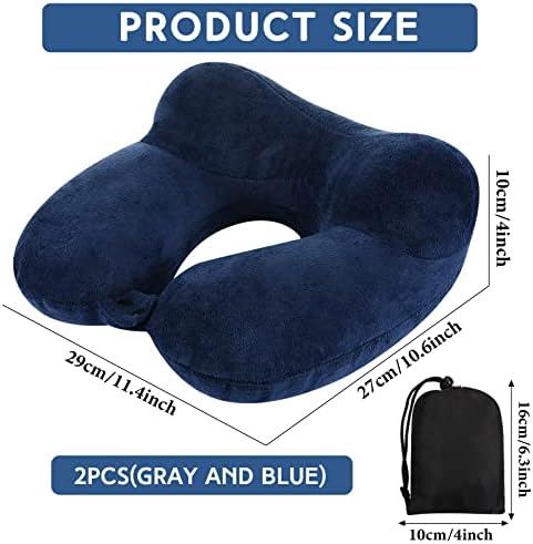 Sintuff 2 Pack Inflatable Travel Pillow for Airplanes Inflatable Neck Flight Pillows with Compact Bag and Blindfold for Traveling, Airplane, Train, Car, Office (Light Gray and Dark Blue)