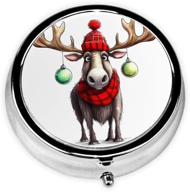 Funny Christmas Moose Print Round Pill Box, Printed Metal Case with 3 Compartments for Pills, Vitamins & Travel