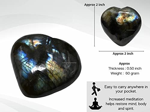 Amazing Gemstone Labradorite Crystal Heart Palm Stone - Pocket Massage Worry Stone for Natural Body Chakra Balancing, Reiki Healing and Crystal Grid