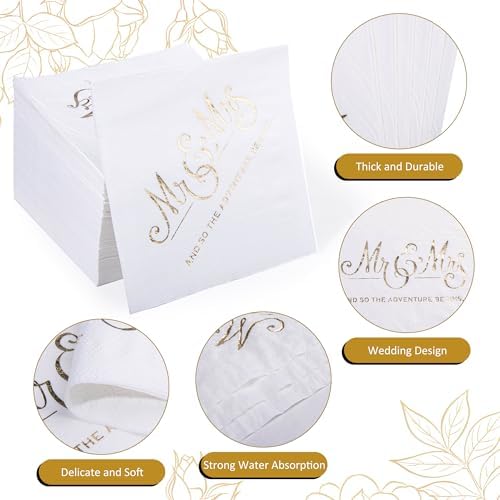 Wedding Napkins Disposable 100 PCS, Gold Foil Mr and Mrs Paper Cocktail Napkins for Wedding Dinner Party, 3-Ply, White