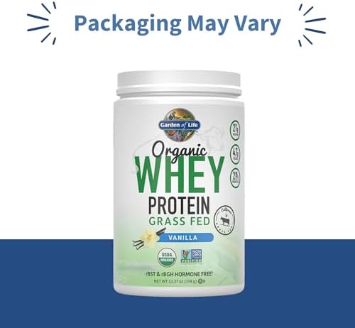 Garden of Life Grass Fed Whey Protein Powder Vanilla - 21g Protein for Women & Men + Probiotics - 12 Servings - Gluten Free, Non GMO, Kosher, Humane, RBST & rBGH Hormone Free