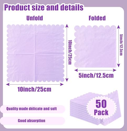 SietDESEO 50 Pieces 3-ply Light Purple Napkins Disposable Folded 5 x 5 Inches Scalloped Cocktail Napkins Paper Napkins for Dinner Wedding Birthday Party Purple Dessert Napkins