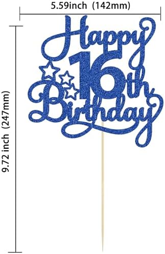 1 Pack Happy 16th Birthday Cake Topper Glitter Sweet 16 Cake Pick Birthday 16th Birthday Cake Decorations for Children 16th Theme Party Supplies Blue