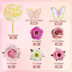 28PCS Butterfly Cake Topper Butterfly Cake Decorations with Artificial Flowers for Women Birthday Anniversary Theme Supplies (Pink Purple)