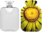 Hot Water Bottle with Soft Cover Bed Hand Feet Warmer Winter Gift Yellow Sunflowers Black Hot Water Bag for Neck and Shoulder Pain Relief Medium