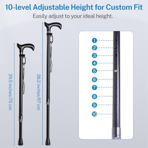 Carbon Fiber Quad Base Walking Cane with Wooden Handle - Lightweight Mobility Aid for Seniors and Injury Recovery, Adjustable Height for Stability and Comfort