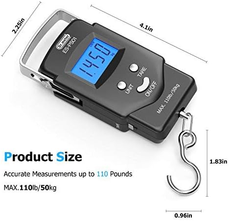 Dr.meter Fish Scale Luggage Scale Fishing Gear - 110lb Backlit LCD Display Digital Scale with Built-in Measuring Tape - Fishing Scale with 2 AAA Batteries, Pocket Size - Fishing Gifts for Men