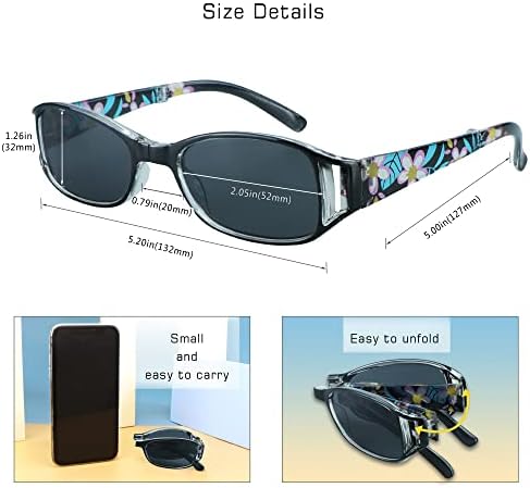 VisionGlobal 3 Pairs Reading Glasses/Sunglasses Foldable with Blue Light Blocking lens Compact Folding Glasses for Women (3 Black, +1.50 Magnification)