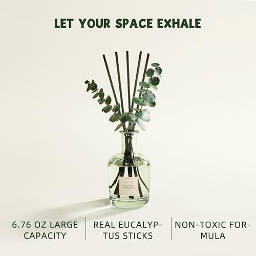 COCORRÍNA Wild Mint & Eucalyptus Reed Diffuser – 6.76 oz Essential Oil with 8 Reeds & Real Eucalyptus Sticks, Home Fragrance for Bedroom or Bathroom Décor