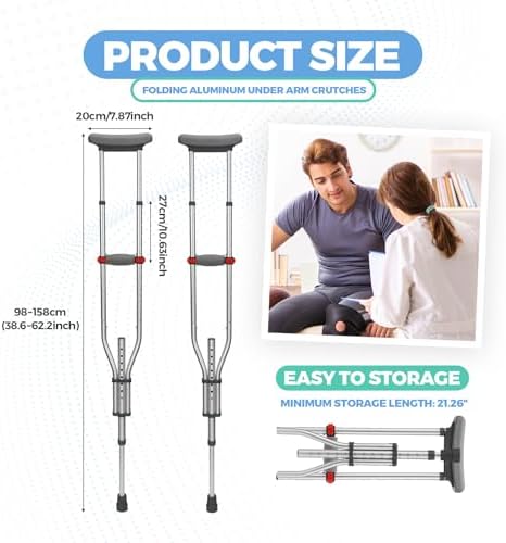 Geiserailie 1 Pair Aluminum Underarm Crutches Lightweight Crutches with Height Adjustment up to 300 Lbs Walking Aid for Adults Elder Range 4'6”– 6'6” with Underarm Pad and Hand Grip