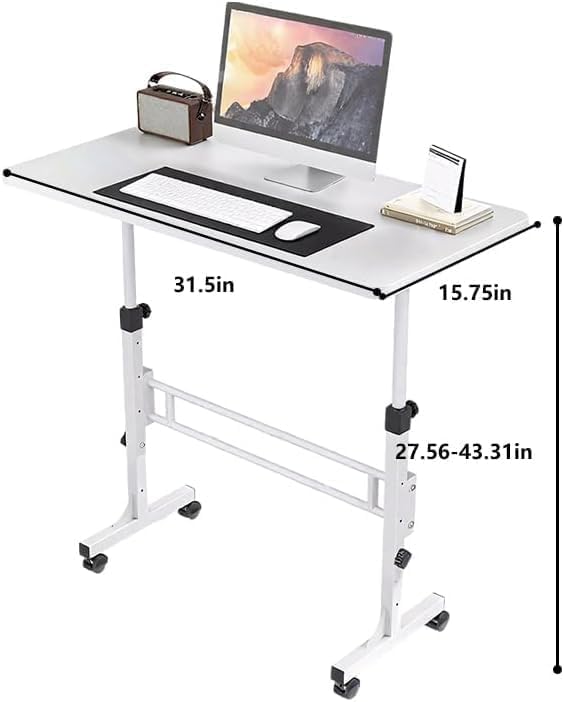Portable Standing Desk Adjustable Height 27.5"-43.3", Small Computer Desk with Wheels, Foldable Home Office Desk, Folding Table for Laptop, Rolling Desk for Small Space, White