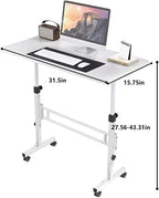 Portable Standing Desk Adjustable Height 27.5"-43.3", Small Computer Desk with Wheels, Foldable Home Office Desk, Folding Table for Laptop, Rolling Desk for Small Space, White