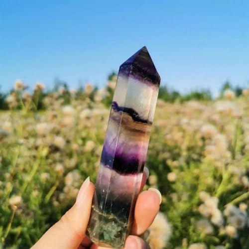 Decorative Ornaments Rainbow Fluorite Column Standing Purple Crystal Faceted Prism Wand Carved Stone Statue Ornament (Size : 7-8cm)