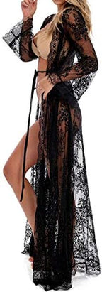BUTTZO Women Sexy Long Lace Dress Sheer Gown See Through Lingerie Kimono Robe Swimsuit Cover Up