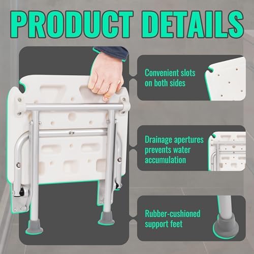 KUAFU Folding Shower Seat, Wall Mounted Bathroom Bathtub Safety Stool, Foldable Shower Chair W/Support Legs for Inside Shower, Bath Bench Pregnant Woman, Seniors, Elderly and Disabled White 400LBS