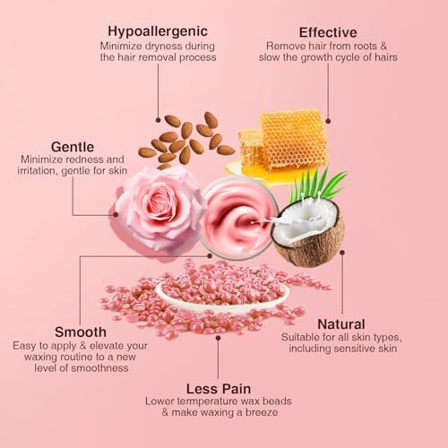 Hard Wax for Hair Removal, Rose Pink Wax Beads for Sensitive Skin and Brazilian Waxing, 10.5 Ounce/bag with 10pcs Wax Sticks