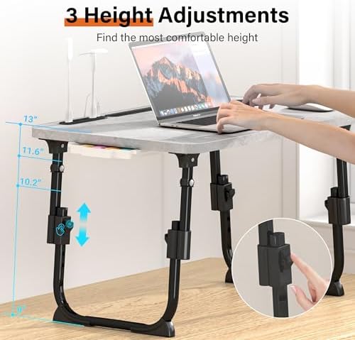 Laptop Desk for Bed Height Adjustable, Lap Bed Table with USB/Storage Drawer/Cup Holder/Tablet Stand/Book Shelf, Foldable Breakfast Tray Portable for Reading Writing, Sofa & Floor, Light Stone Texture