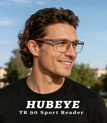 Hubeye TR90 Sports Reading Glasses for Men and Women Ultralight Flexible Anti-Blue Light Readers（Black+Grey+Orange，+1.25）
